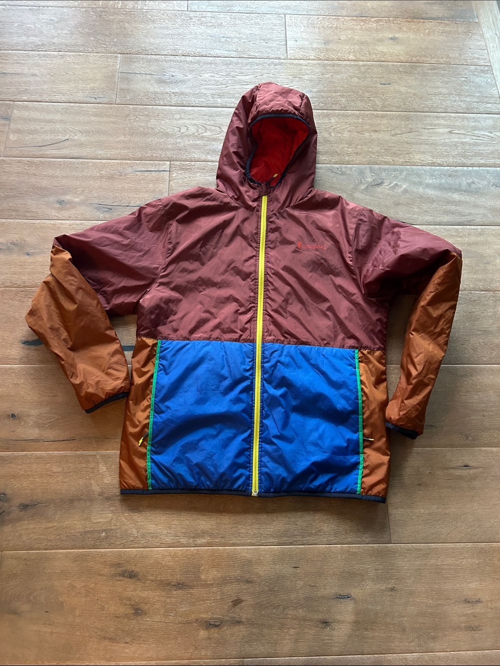 cotopaxi Hooded Colorblock Performance Jacket - Maroon, Blue, Rust, Yellow